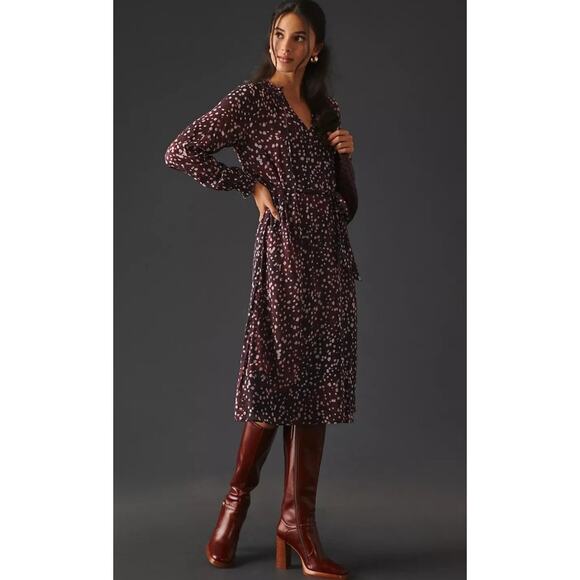 Cloth & Stone Abstract Polka Dot Long Sleeve Tie Waist Midi Dress Large - Picture 1 of 5